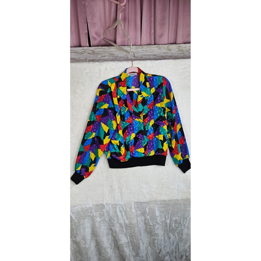 Vintage Notations Bomber Jacket Womens 80's Multicolor‎ Geometric Abstract Print